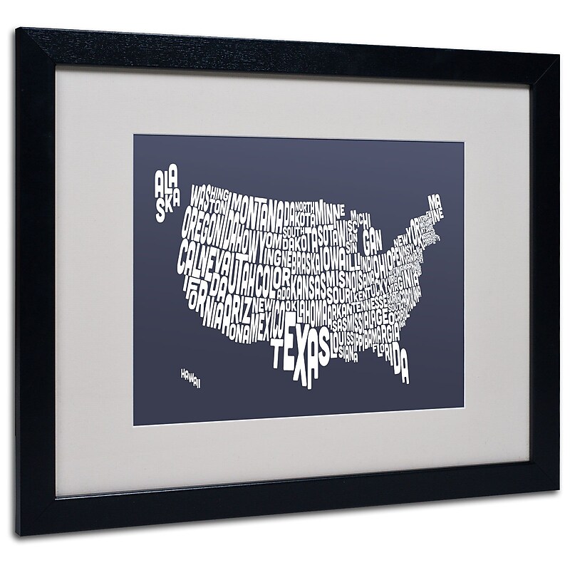 Trademark Fine Art Michael Tompsett 'SLATE-USA States Text Map' Matted Black Frame 16x20 Inches image 1