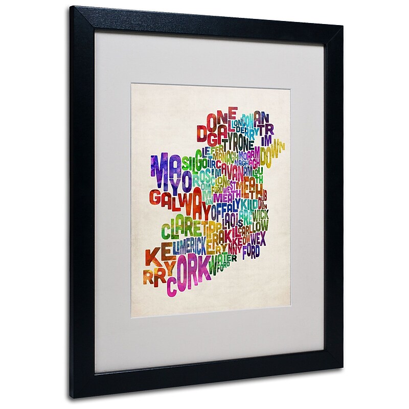 Trademark Fine Art Michael Tompsett 'Ireland Text Map 3' Matted Art Black Frame 16x20 Inches image 1