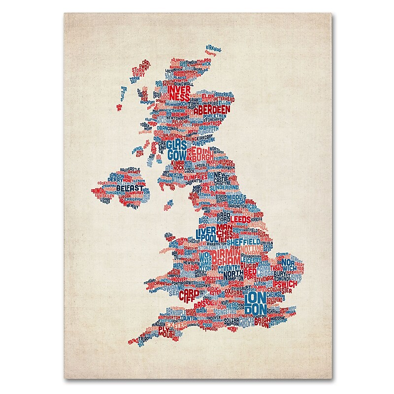 Trademark Fine Art Michael Tompsett 'UK Cities Text Map 2' Canvas Art 30x47 Inches image 1