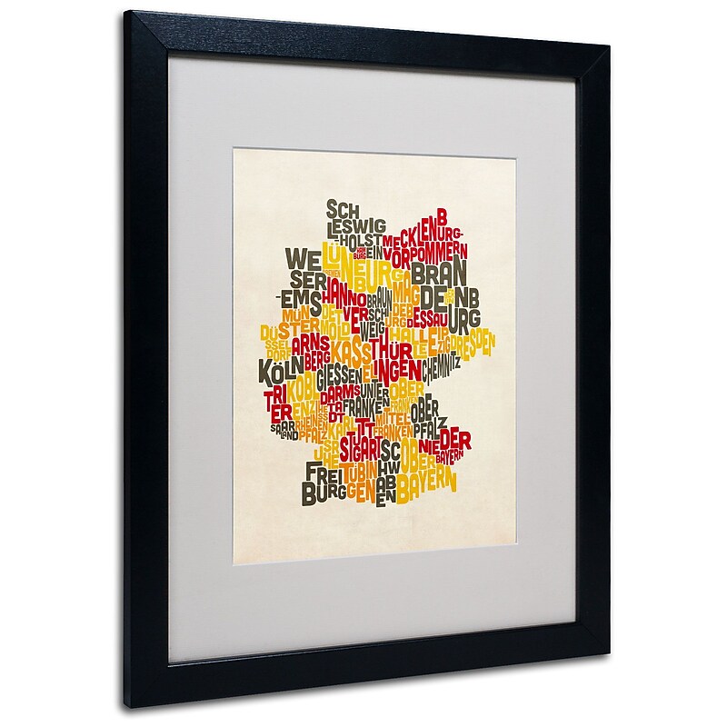 Trademark Fine Art Michael Tompsett 'Germany Region Text Map' Matted Art Black Frame 16x20 Inches image 1