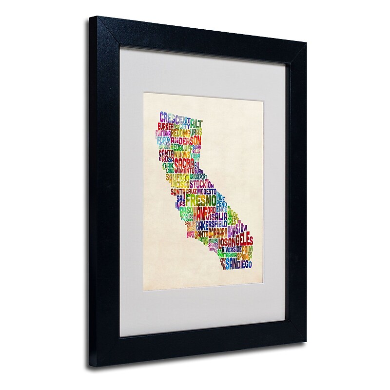 Trademark Fine Art Michael Tompsett 'California Text Map' Matted Art Black Frame 11x14 Inches image 1