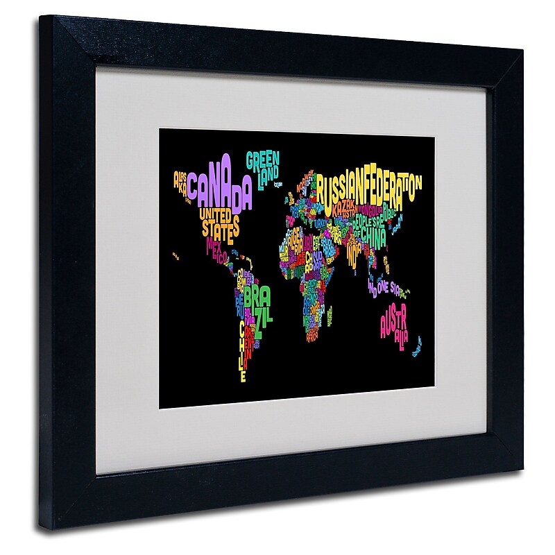 Trademark Fine Art Michael Tompsett 'World Text Map 4' Matted Art Black Frame 11x14 Inches image 1