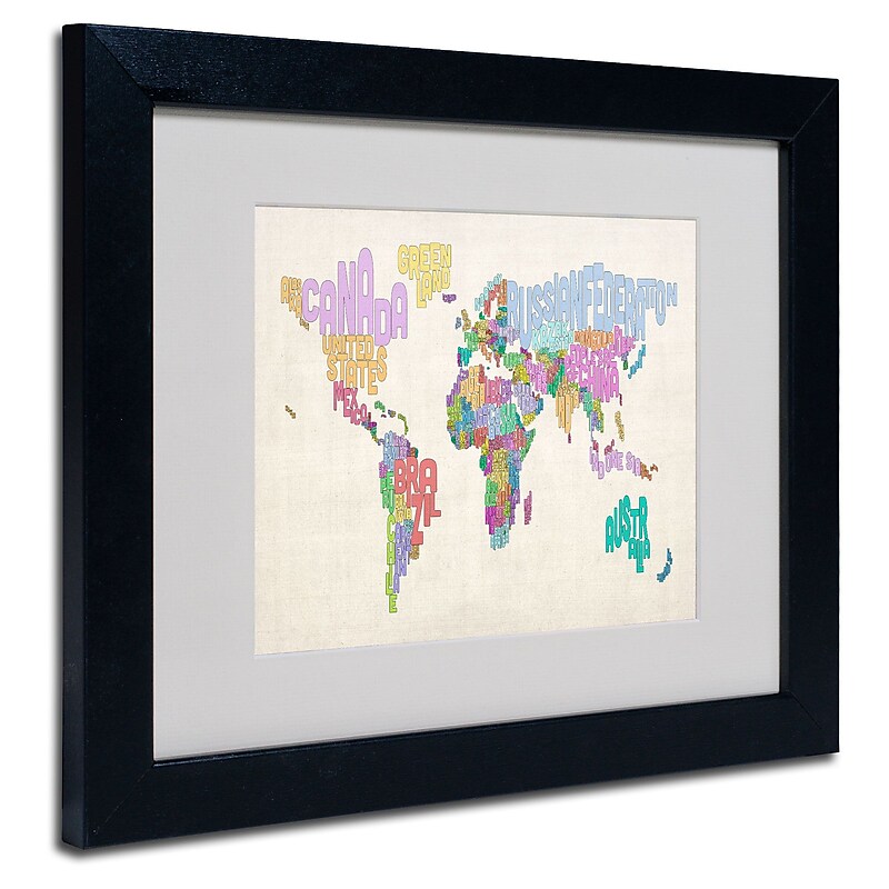 Trademark Fine Art Michael Tompsett 'World Text Map 5' Matted Art Black Frame 11x14 Inches image 1