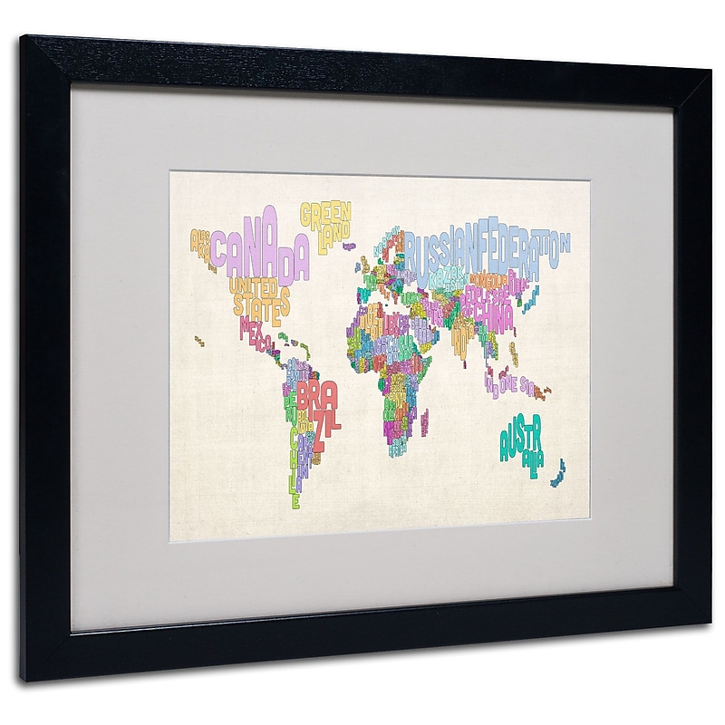 Trademark Fine Art Michael Tompsett 'World Text Map 5' Matted Art Black Frame 16x20 Inches image 1