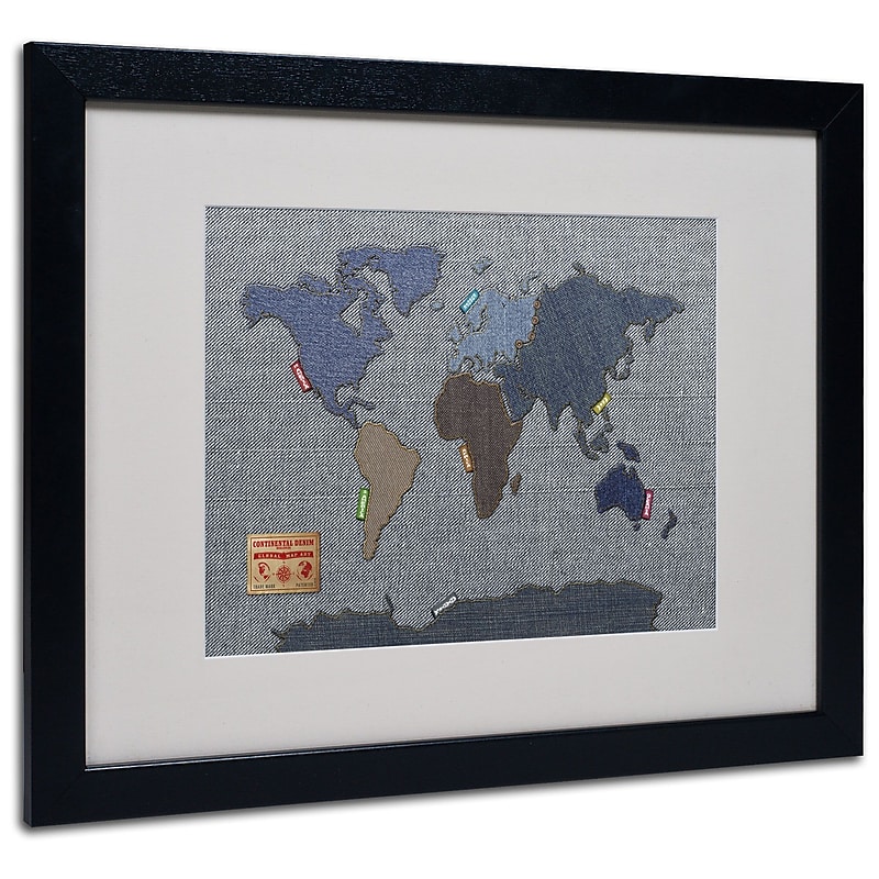 Trademark Fine Art Michael Tompsett 'Denim World Map' Matted Art Black Frame 16x20 Inches image 1