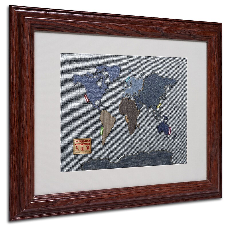 Michael Tompsett 'Denim World Map' Matted Framed Art - 11x14 Inches - Wood Frame image 1