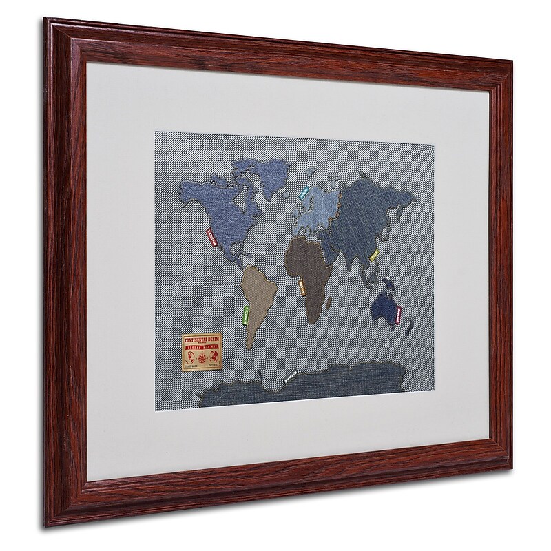 Michael Tompsett 'Denim World Map' Matted Framed Art - 16x20 Inches - Wood Frame image 1