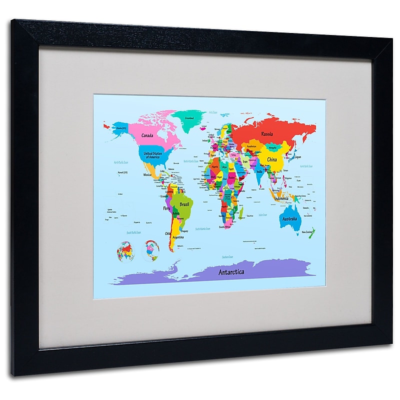 Trademark Fine Art Michael Tompsett 'Childrens World Map' Matted Art Black Frame 16x20 Inches image 1