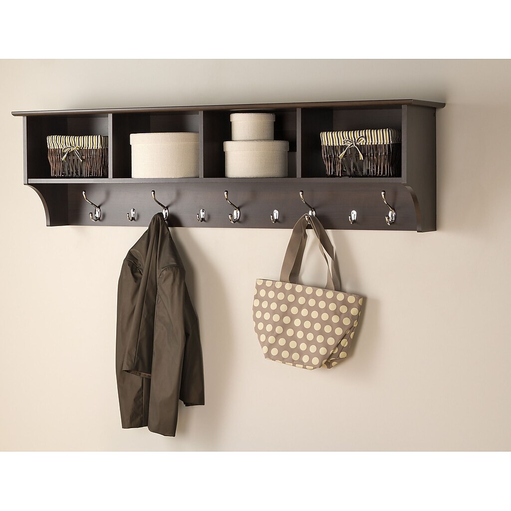 Espresso entryway shelf with hooks and bags