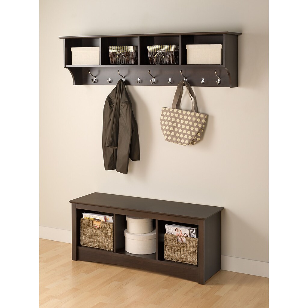 Entryway shelf with hooks and storage bench