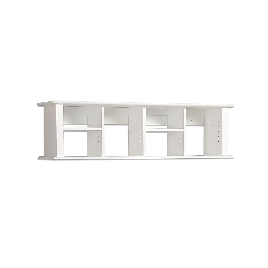 White open back wall-mounted desk hutch with multiple square cubbies and shelves