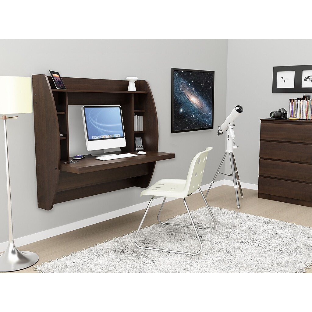 Wall-mounted desk with storage in a room