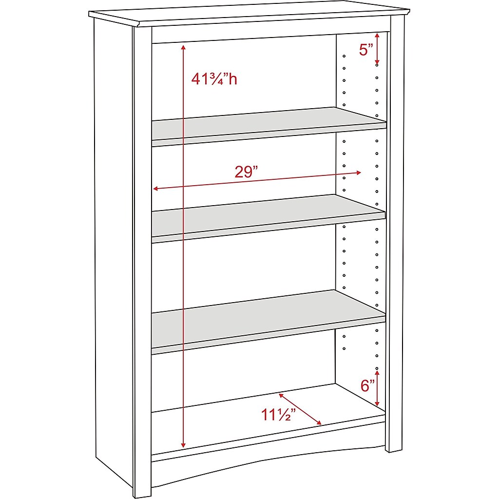 Diagram with dimensions for Prepac 4-shelf bookcase: height 41 3/4 inches, width 29 inches, shelf depth 11 1/2 inches, internal depth 5 inches