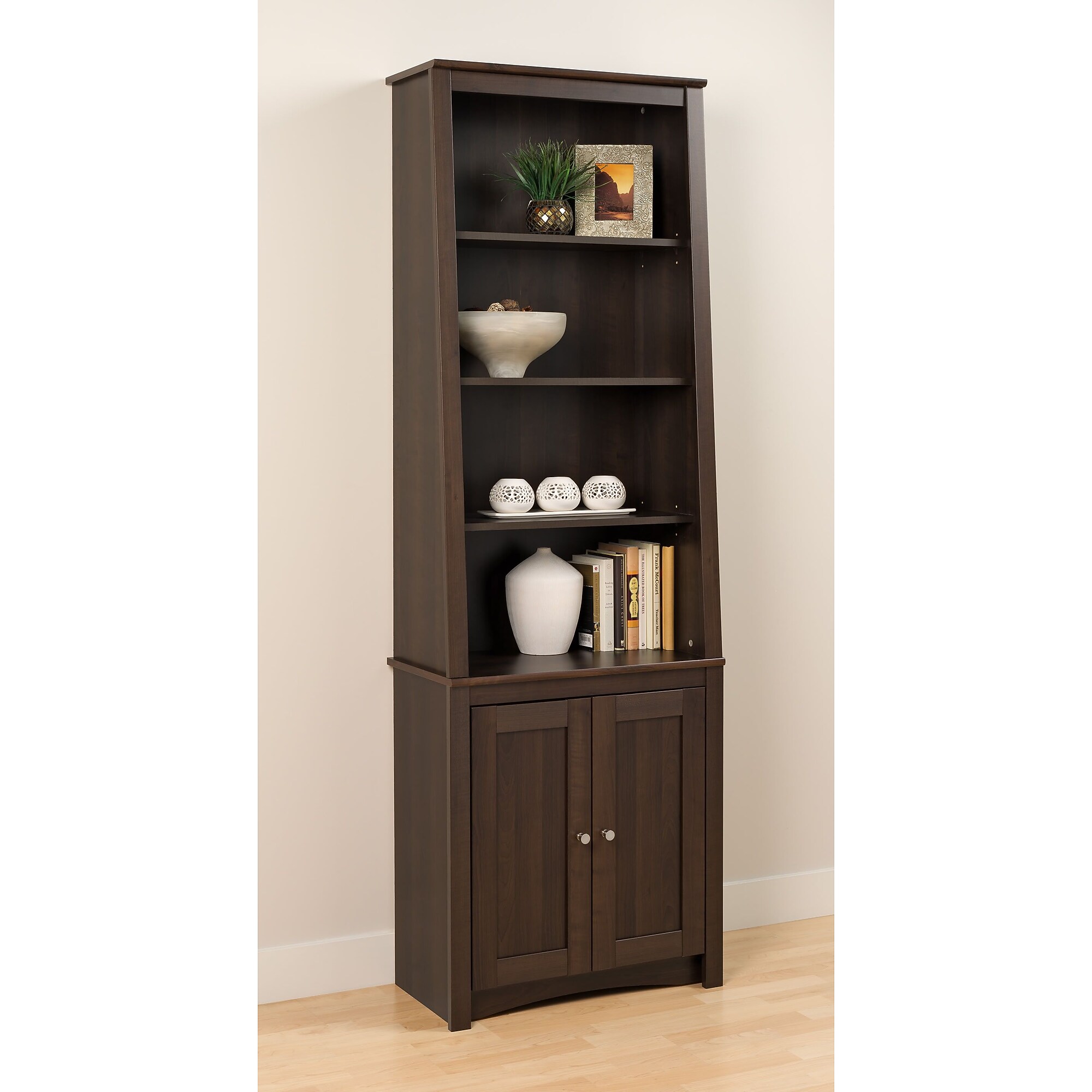 Prepac Tall Slant Back Bookcase With 2 Shaker Doors, Espresso Sansujyuku sansujyuku.com