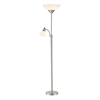 Adesso® Piedmont 71"H Brushed Steel 300W Torchiere Floor Lamp with Reading Light and White Plastic Shades (7202-22)