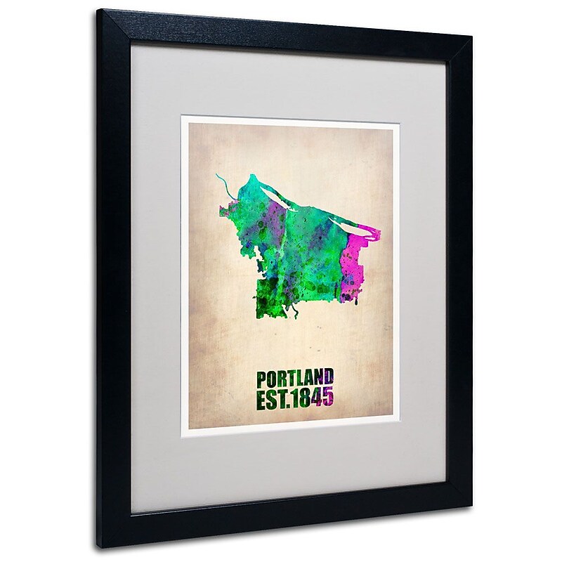 Trademark Fine Art 'Portland Watercolor Map' 16" x 20" Black Frame Art image 1