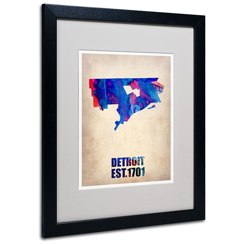 Trademark Fine Art 'Detroit Watercolor Map' 16" x 20" Black Frame Art image 1