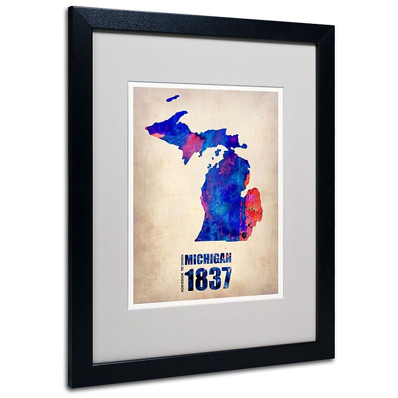 Trademark Fine Art 'Michigan Watercolor Map' 16" x 20" Black Frame Art image 1