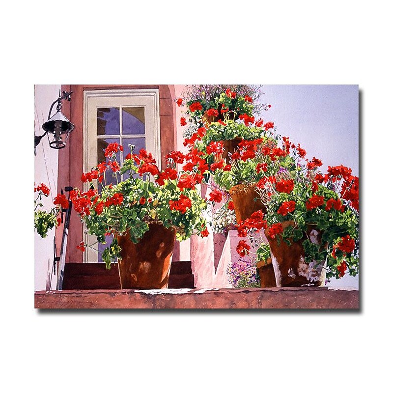 Trademark Fine Art 'Geraniums on the Stairs' 30" x 47" Canvas Art image 1