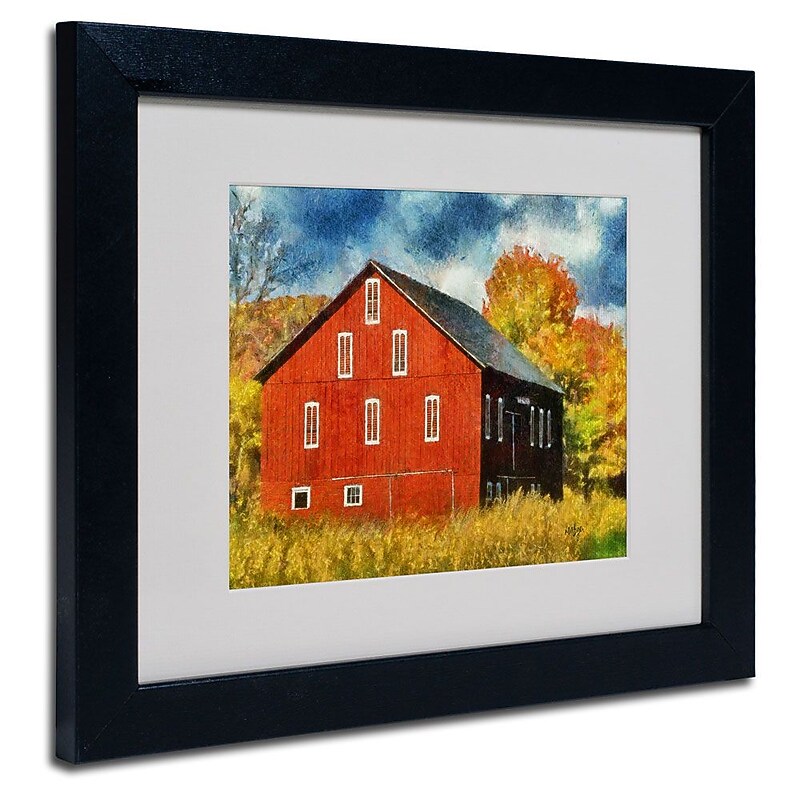 Trademark Fine Art 'Red Barn In Autumn' 11" x 14" Black Frame Art image 1