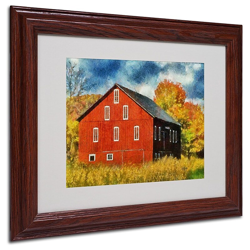 Trademark Fine Art 'Red Barn In Autumn' 11" x 14" Wood Frame Art image 1