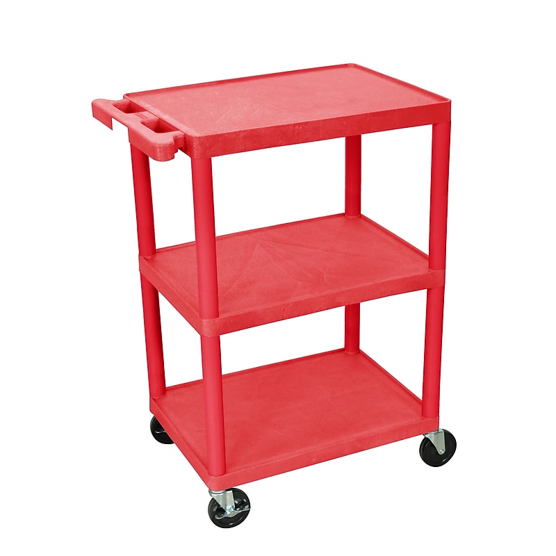 Luxor 3-Shelf Plastic/Poly Mobile Utility Cart with Lockable Wheels, Red (HE34-RD) image 1