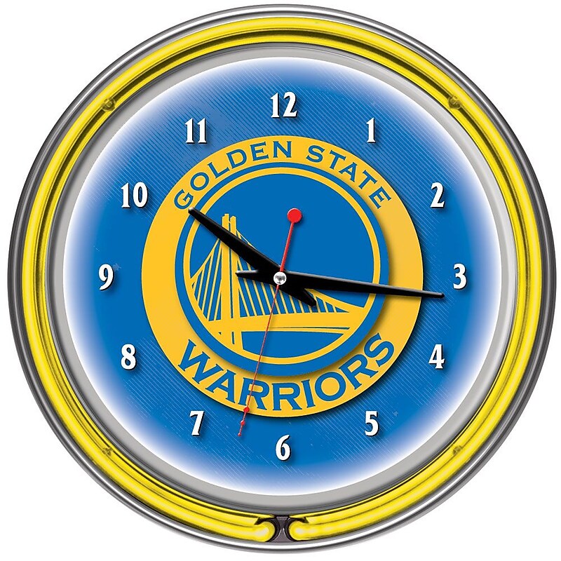 Trademark Global® Chrome Double Ring Analog Neon Wall Clock, Golden State Warriors NBA image 1