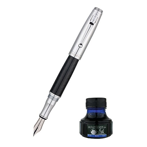 Monteverde® Invincia™ Fountain Pen W/Blue Ink Bottle, Chrome at Staples