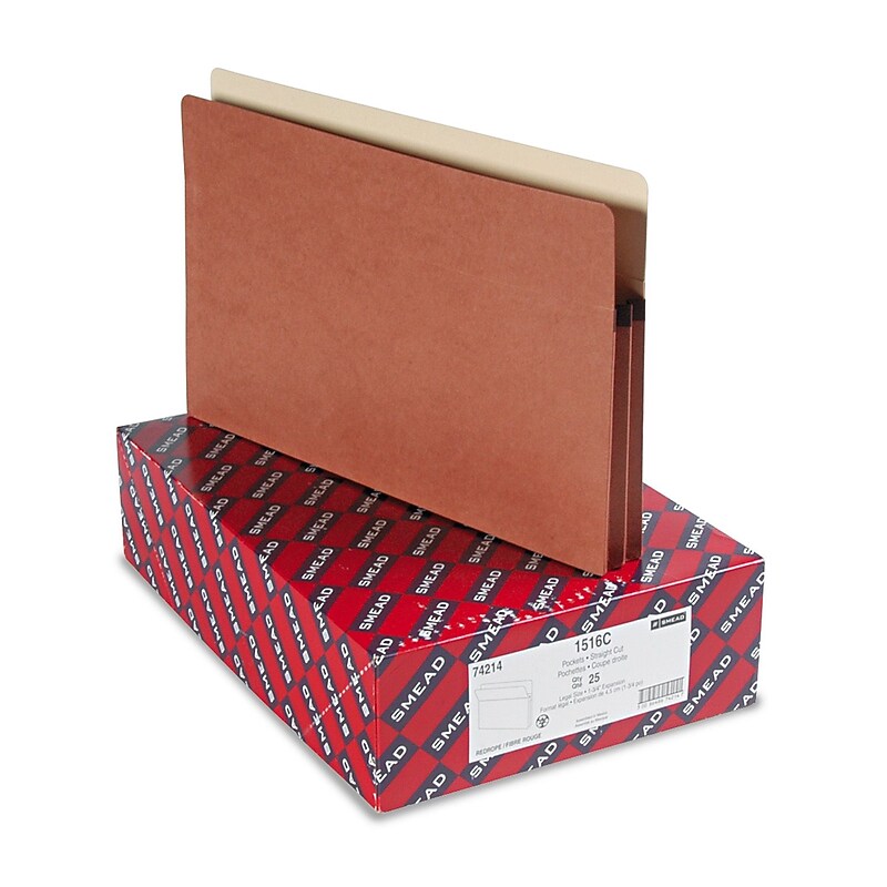 Smead 30% Recycled Reinforced File Pocket, 1 3/4" Expansion, Legal Size, Redrope, 25/Box (1516C) image 1