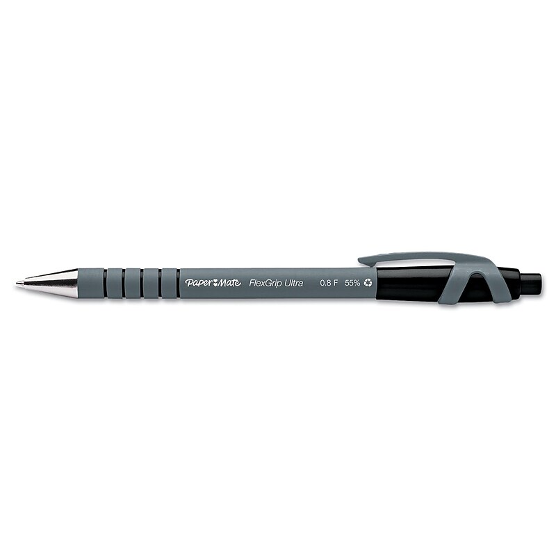 Paper Mate FlexGrip Ultra Retractable Ballpoint Pen, Fine Point, 0.8 mm, Black Ink / Gray Barrel, 12/Pack image 1