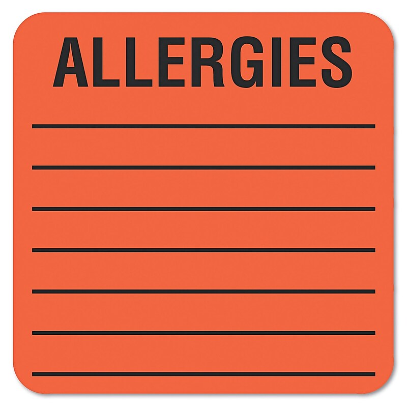 Tabbies® Medical Labels "ALLERGIES", 2" x 2", Fluorescent Red, 500/Roll image 1