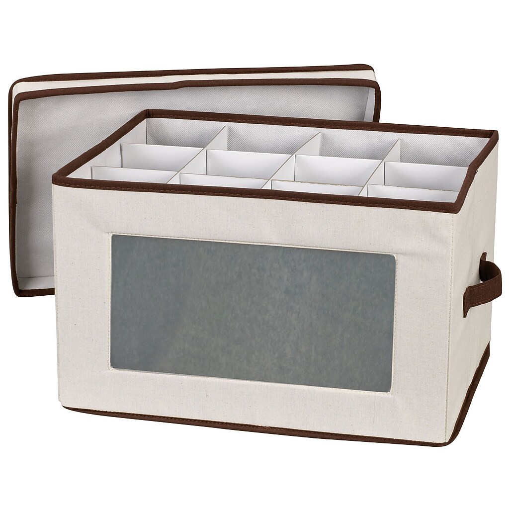 Front view of corded glassware storage chest with clear window