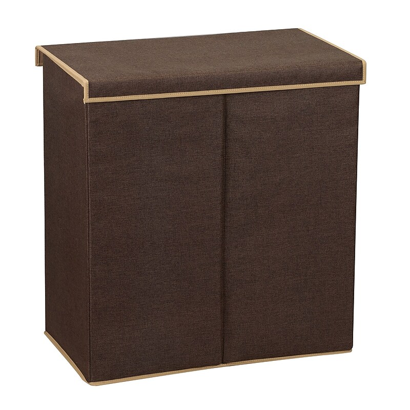 Household Essentials Collapsible Double Hamper with Lid, Poly, Dark Coffee Linen (5614) image 1