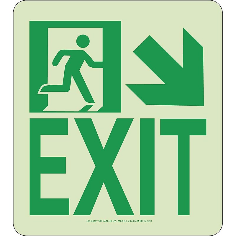NYC Wall Mont Exit Sign, Down Right, 9X8, Rigid, 7550 Glo Brite, MEA Approved image 1