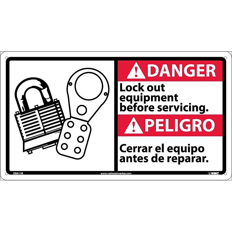 Danger Signs; Lock Out Equipment Before Servicing (Bilingual W/Graphic), 10X18, Rigid Plastic image 1