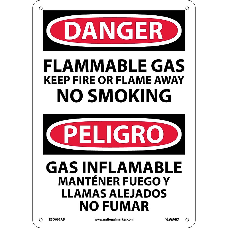 Flammable Gas Keep Fire Or Flame Away No Smoking, Bilingual, 14 X10, .040 Aluminum, Danger Sign image 1