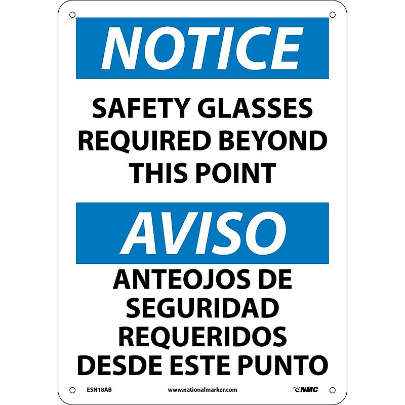 Notice Signs; Safety Glasses Required Beyond This Point Bilingual, 14X10, .040 Aluminum image 1
