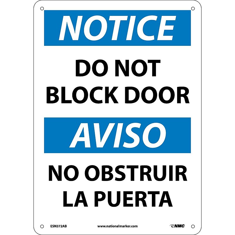 Notice Signs; Do Not Block Door, Bilingual, 14X10, .040 Aluminum image 1