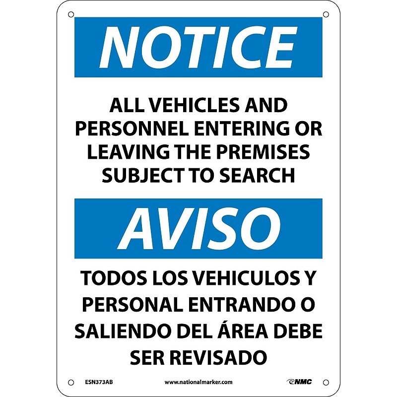Notice, All Vehicles And Personnel Entering Or Leaving The Premises Subject To Search, Bilingual (ESN373AB) image 1