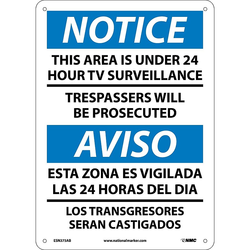 Notice Signs; This Area Is Under 24 Hour Tv Surveillance, Bilingual, 14X10, .040 Aluminum image 1