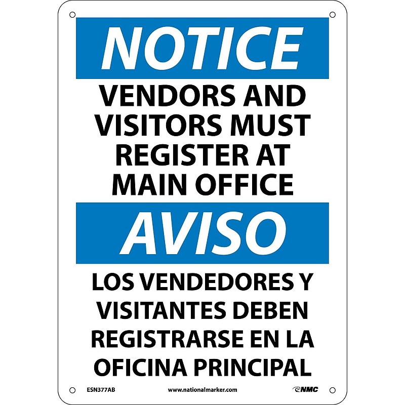 Notice Signs; Vendors And Visitors Must Register At Main Office, Bilingual, 14X10, ,040 Aluminum image 1