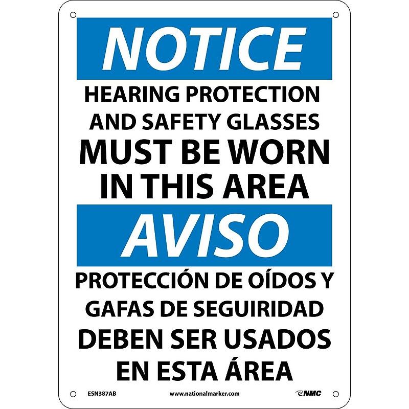 Notice, Hearing Protection And Safety Glasses Must Be Worn In This Area, Bilingual, 14X10, .040 (ESN387AB) image 1