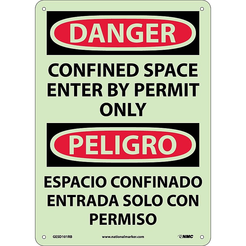 Confined Space Enter By Permit Only, Bilingual, 14X10, Glo Rigid Plastic, Danger Sign image 1