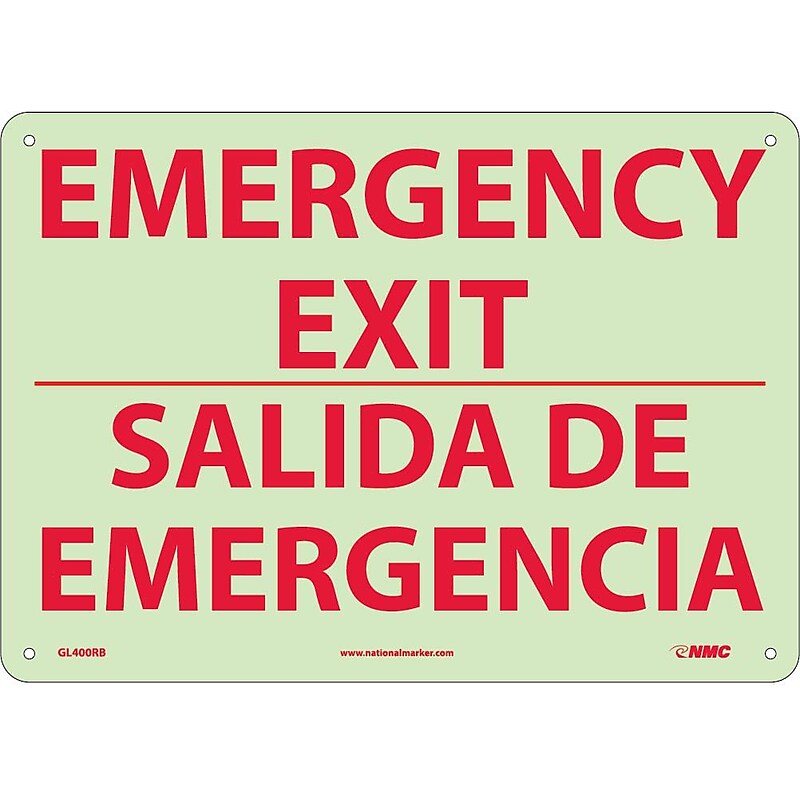 Notice Signs; Emergency Exit, Bilingual, 10X14, Glo Rigid Plastic image 1