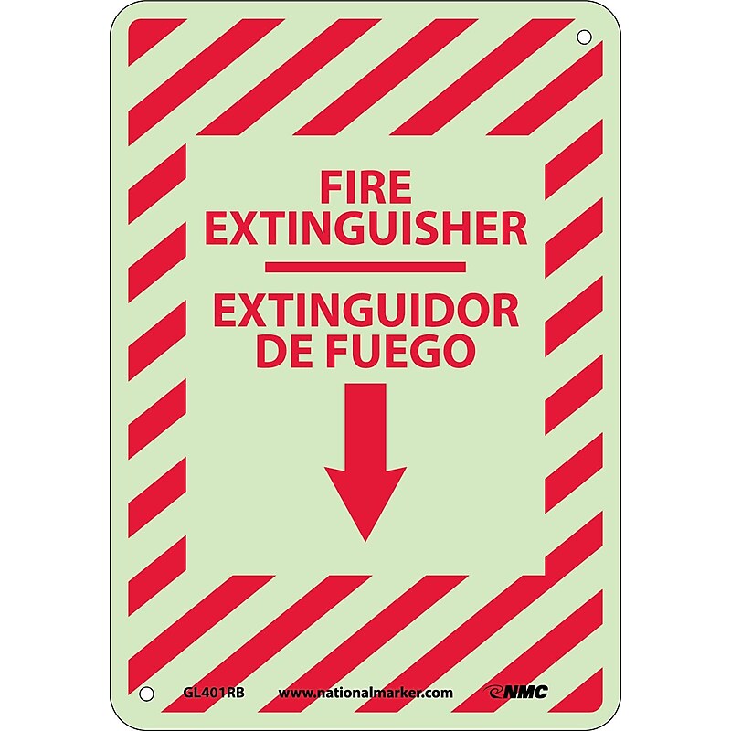 Notice Signs; Fire Extinguisher, Down Arrow,  Bilingual 14X10, Glo Rigid Plastic image 1