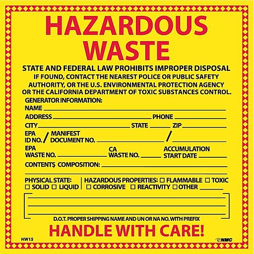 Hazard Labels; Hazardous Waste California, 6X6, Adhesive Vinyl, 25/Pk