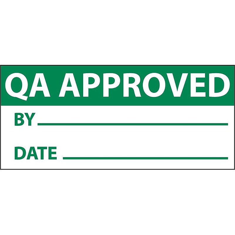 Inspection Labels; Qa Approved, Grn/Wht, 1" x 2 1/4", Adhesive Vinyl (27 Labels) image 1