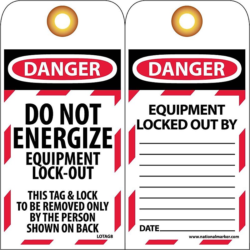 Lockout Tags; Lockout, Do Not Energize Equipment Lock Out, 6X3, Unrippable Vinyl, 25/Pk image 1