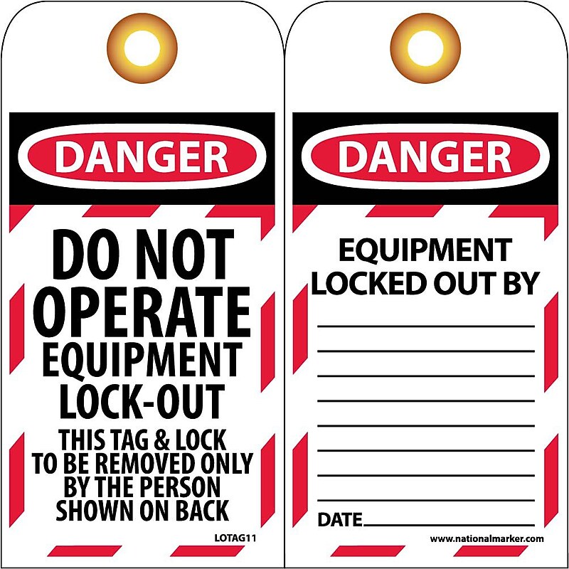 Lockout Tags; Lockout, Do Not Operate Equipment Locked Out, 6" x 3", Unrippable Vinyl, 25/Pack image 1