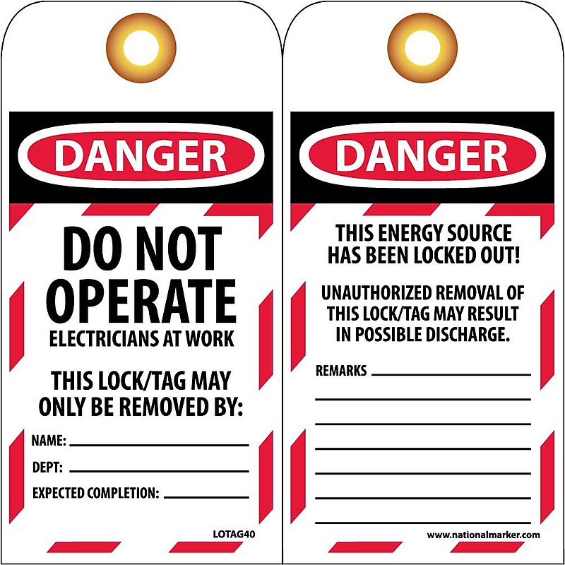 Lockout Lockout Tags, Do Not Operate Electricians At Work, 6X3, Unrippable Vinyl, 10/Pk image 1